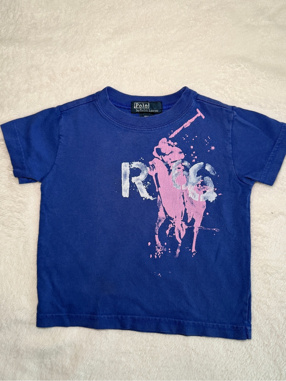 Rare Vtg Polo Ralph Lauren Blue Tee with Pink Paint Splash Polo Player 18mth